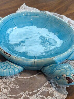 Ceramic Sea Turtle trinket Dish in Blue Verdigris Glaze
